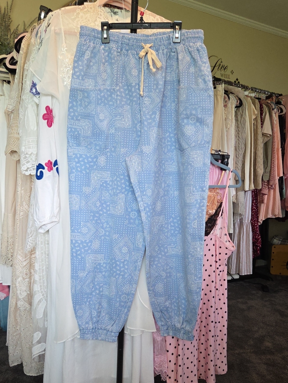 Oddy Light Blue Printed Drawstring Jogger Pants